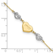 14K Two-tone Puffed LOVE Heart and Diamond-cut Beads Bracelet Plus Heart Dangle Extender