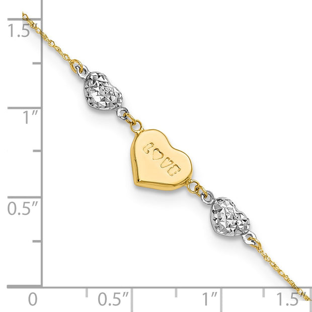 14K Two-tone Puffed LOVE Heart and Diamond-cut Beads Bracelet Plus Heart Dangle Extender
