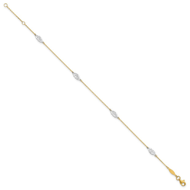 14K Two-Tone Diamond-cut Polished Leaf 4-Station Anklet Plus Extender