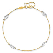 14K Two-Tone Diamond-cut Polished Leaf 4-Station Anklet Plus Extender