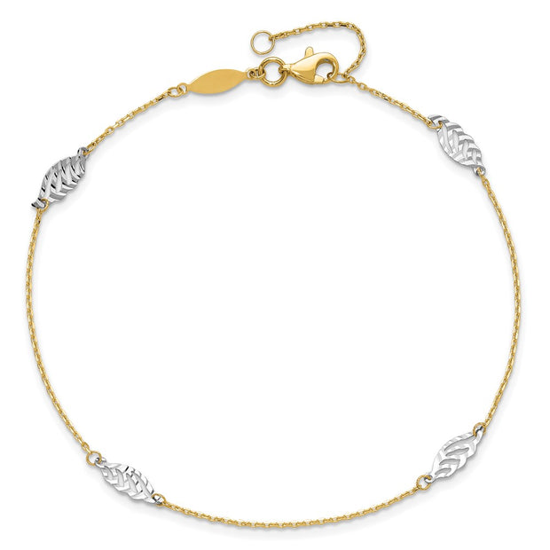 14K Two-Tone Diamond-cut Polished Leaf 4-Station Anklet Plus Extender