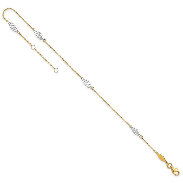 14K Two-Tone Diamond-cut Polished Leaf 4-Station Anklet Plus Extender