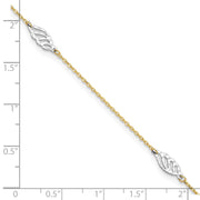 14K Two-Tone Diamond-cut Polished Leaf 4-Station Anklet Plus Extender