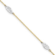 14K Two-Tone Diamond-cut Polished Leaf 4-Station Anklet Plus Extender