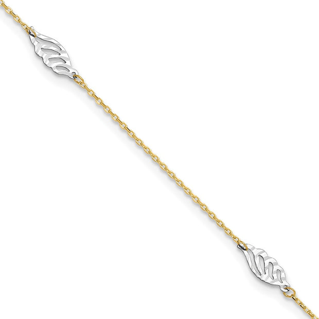 14K Two-Tone Diamond-cut Polished Leaf 4-Station Anklet Plus Extender