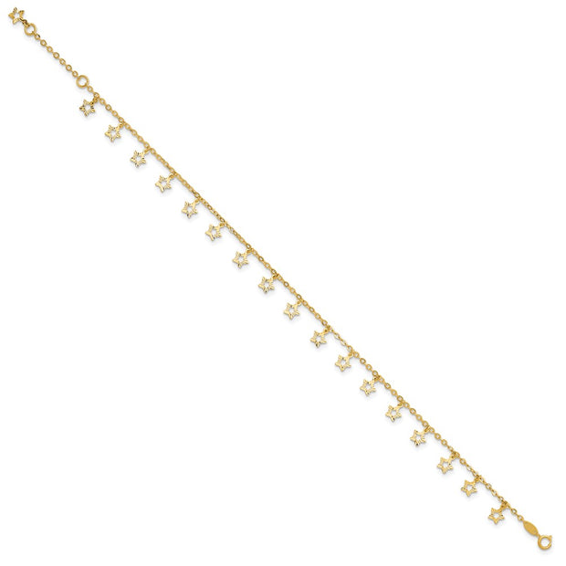 14k Polished and Textured Dangle Stars Anklet Plus Star Dangle Extender