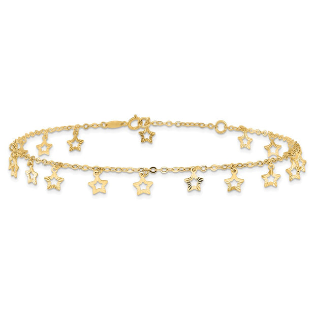 14k Polished and Textured Dangle Stars Anklet Plus Star Dangle Extender