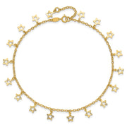 14k Polished and Textured Dangle Stars Anklet Plus Star Dangle Extender