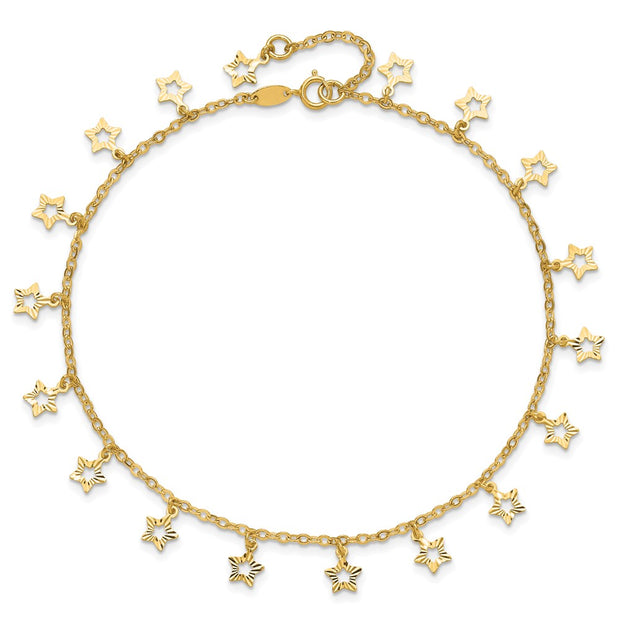 14k Polished and Textured Dangle Stars Anklet Plus Star Dangle Extender