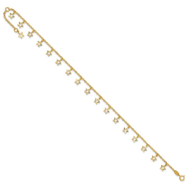 14k Polished and Textured Dangle Stars Anklet Plus Star Dangle Extender