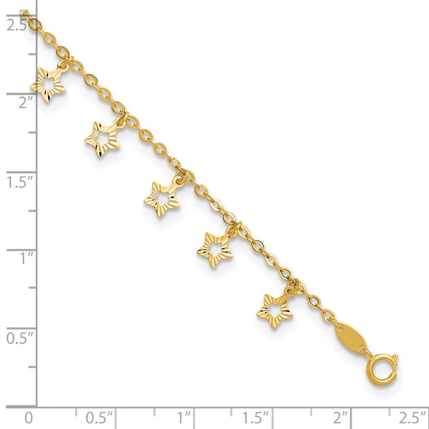 14k Polished and Textured Dangle Stars Anklet Plus Star Dangle Extender
