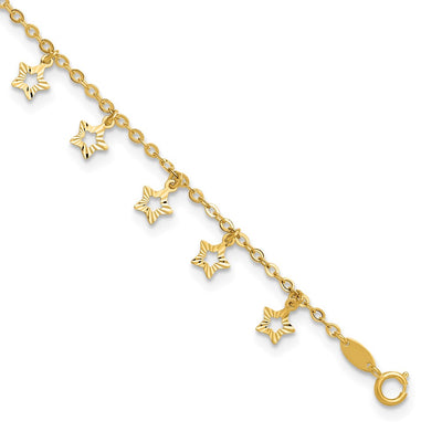 14k Polished and Textured Dangle Stars Anklet Plus Star Dangle Extender