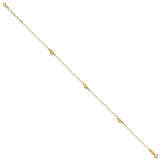 14k Polished Diamond-cut Triple Puffed Hearts Anklet Plus Heart Dangle Extender