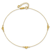 14k Polished Diamond-cut Triple Puffed Hearts Anklet Plus Heart Dangle Extender