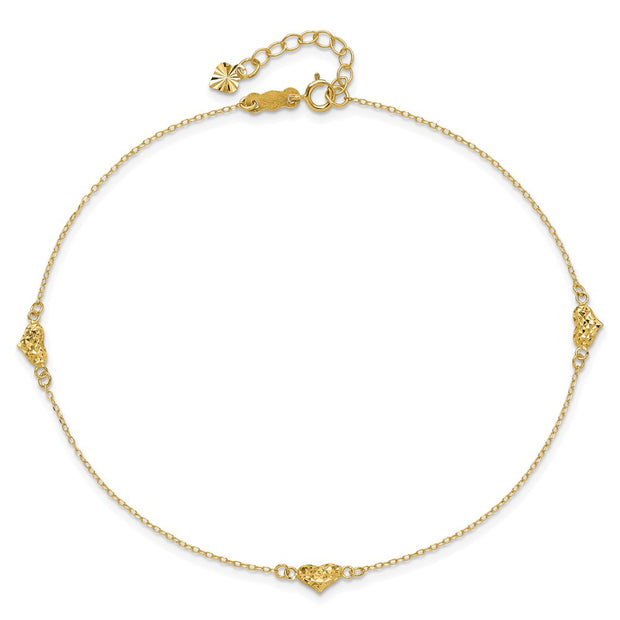 14k Polished Diamond-cut Triple Puffed Hearts Anklet Plus Heart Dangle Extender