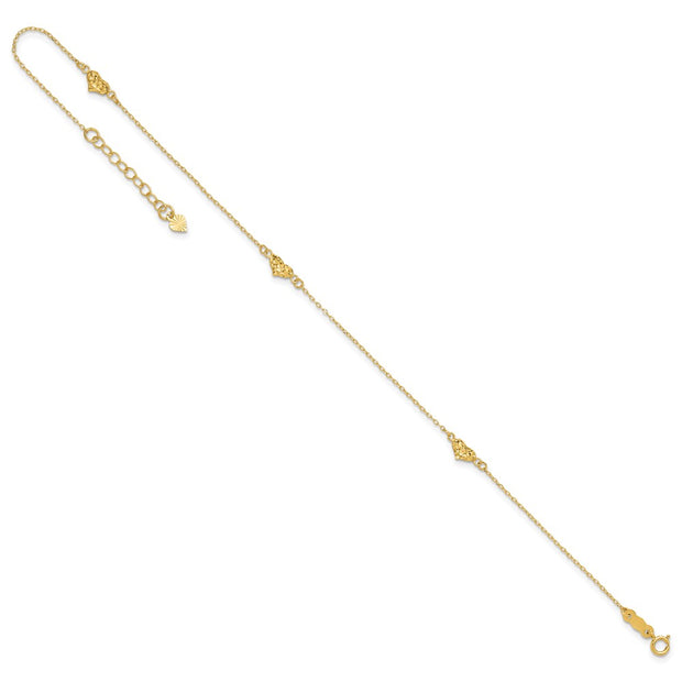 14k Polished Diamond-cut Triple Puffed Hearts Anklet Plus Heart Dangle Extender