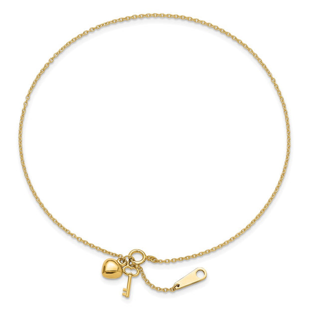 14k Oval Link Chain with Puffed Heart and Key Dangle Anklet Plus Extender