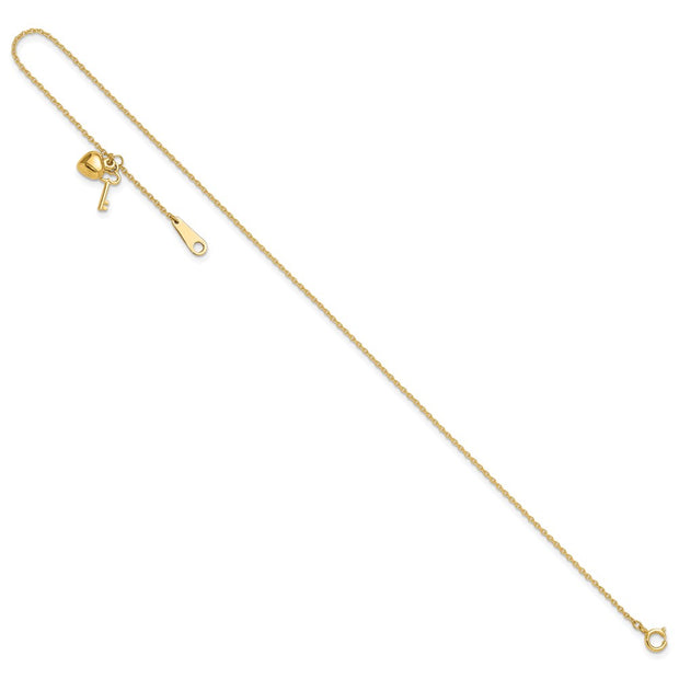 14k Oval Link Chain with Puffed Heart and Key Dangle Anklet Plus Extender