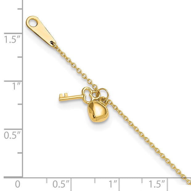 14k Oval Link Chain with Puffed Heart and Key Dangle Anklet Plus Extender