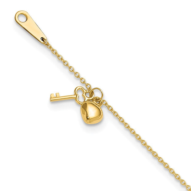 14k Oval Link Chain with Puffed Heart and Key Dangle Anklet Plus Extender