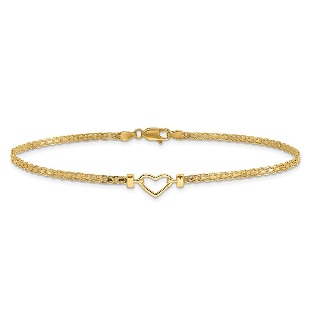 14k Polished Open Heart and Bismark Chain Anklet