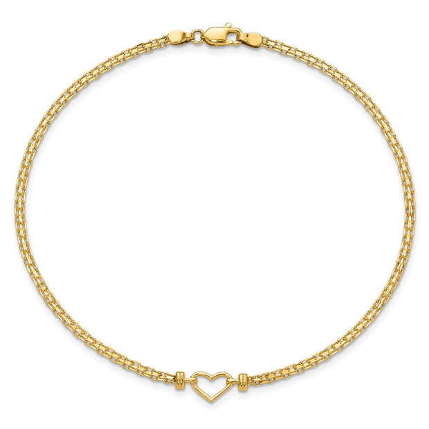 14k Polished Open Heart and Bismark Chain Anklet