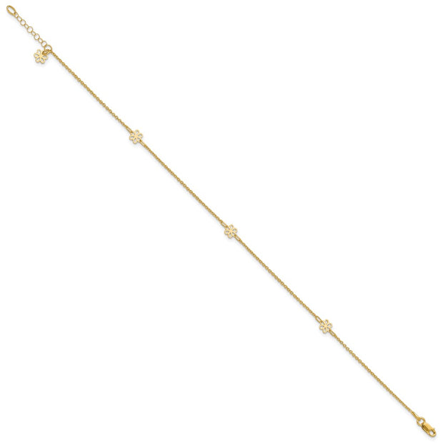 14K Polished Flowers 3-Station with Flower Dangle Anklet Plus Extender