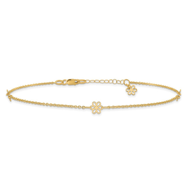 14K Polished Flowers 3-Station with Flower Dangle Anklet Plus Extender