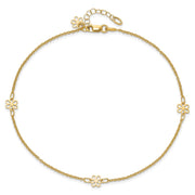 14K Polished Flowers 3-Station with Flower Dangle Anklet Plus Extender