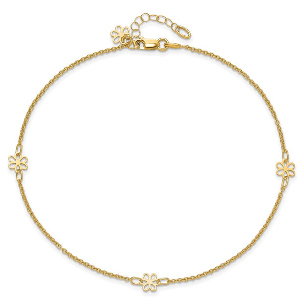 14K Polished Flowers 3-Station with Flower Dangle Anklet Plus Extender