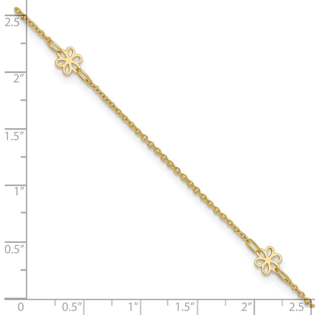 14K Polished Flowers 3-Station with Flower Dangle Anklet Plus Extender