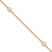 14K Polished Flowers 3-Station with Flower Dangle Anklet Plus Extender