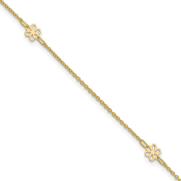 14K Polished Flowers 3-Station with Flower Dangle Anklet Plus Extender