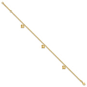 14K Polished Curb Link Chain with 3 Puffed Heart Dangles Anklet Plus Extender