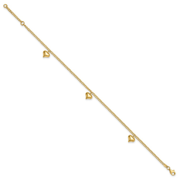 14K Polished Curb Link Chain with 3 Puffed Heart Dangles Anklet Plus Extender