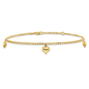 14K Polished Curb Link Chain with 3 Puffed Heart Dangles Anklet Plus Extender