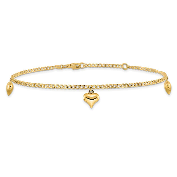 14K Polished Curb Link Chain with 3 Puffed Heart Dangles Anklet Plus Extender