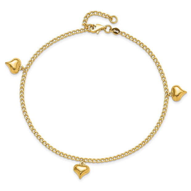 14K Polished Curb Link Chain with 3 Puffed Heart Dangles Anklet Plus Extender