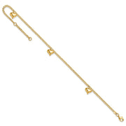 14K Polished Curb Link Chain with 3 Puffed Heart Dangles Anklet Plus Extender