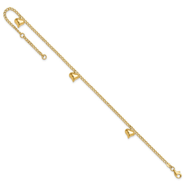 14K Polished Curb Link Chain with 3 Puffed Heart Dangles Anklet Plus Extender