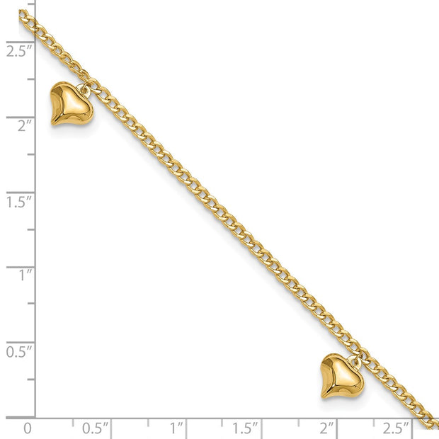 14K Polished Curb Link Chain with 3 Puffed Heart Dangles Anklet Plus Extender