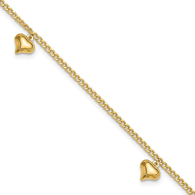 14K Polished Curb Link Chain with 3 Puffed Heart Dangles Anklet Plus Extender