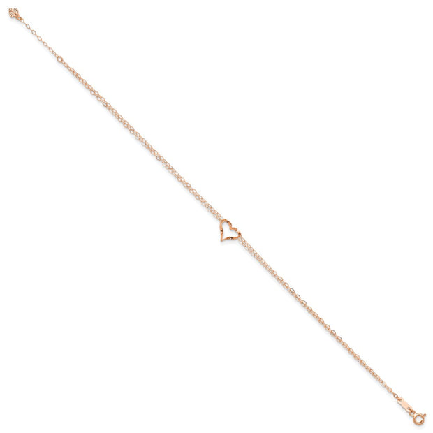 14k Rose Gold Double Strand Chain and Open Twisted Heart Anklet Plus Heart Dangle Extender
