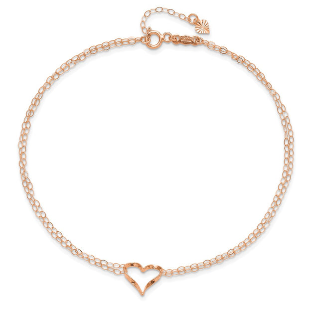14k Rose Gold Double Strand Chain and Open Twisted Heart Anklet Plus Heart Dangle Extender