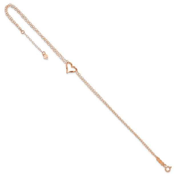 14k Rose Gold Double Strand Chain and Open Twisted Heart Anklet Plus Heart Dangle Extender