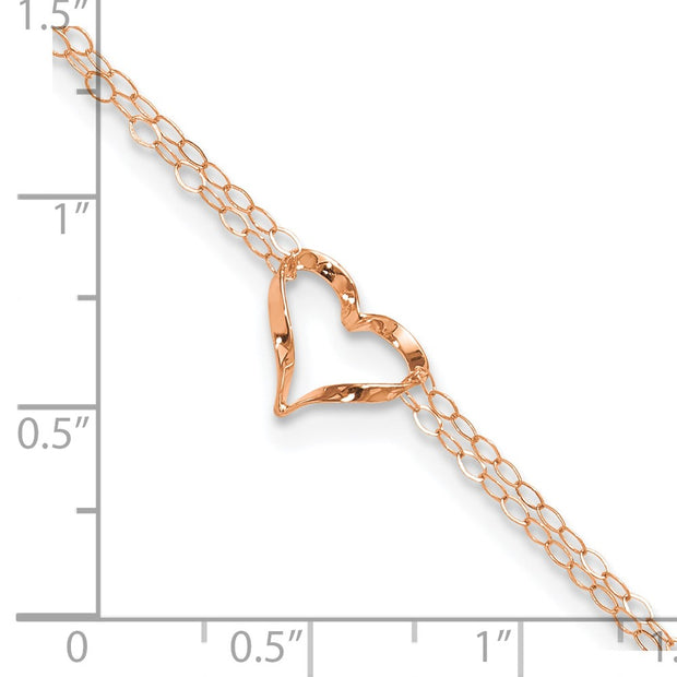 14k Rose Gold Double Strand Chain and Open Twisted Heart Anklet Plus Heart Dangle Extender