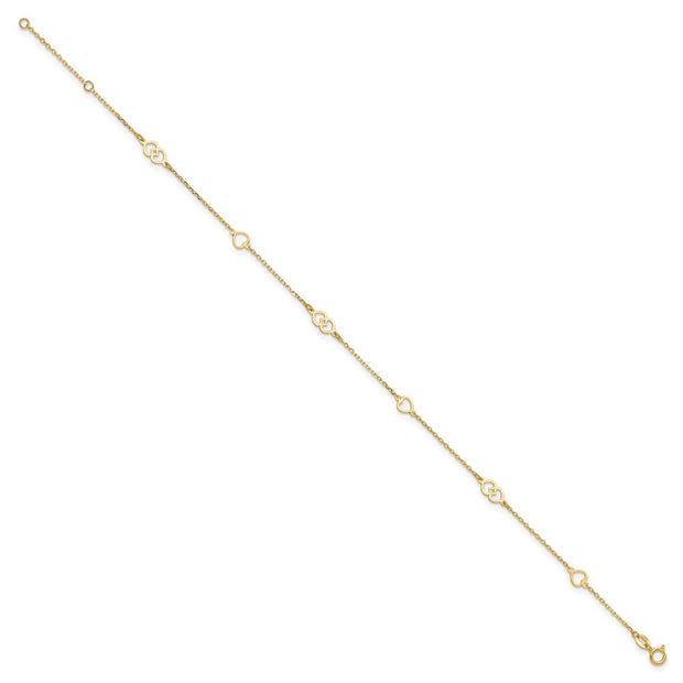 14K Polished Heart Links and Chain Anklet Plus Extender
