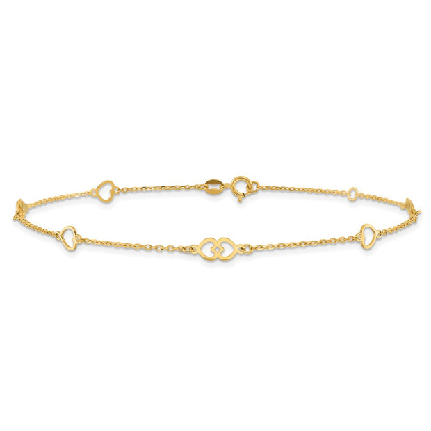 14K Polished Heart Links and Chain Anklet Plus Extender
