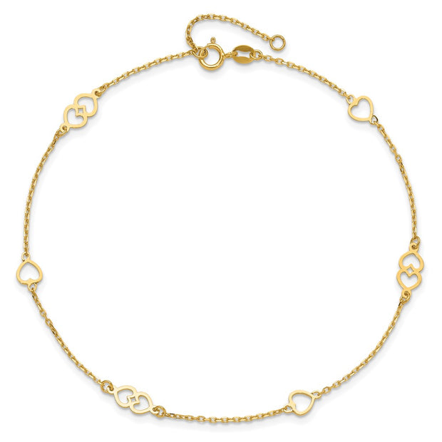 14K Polished Heart Links and Chain Anklet Plus Extender