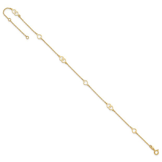 14K Polished Heart Links and Chain Anklet Plus Extender